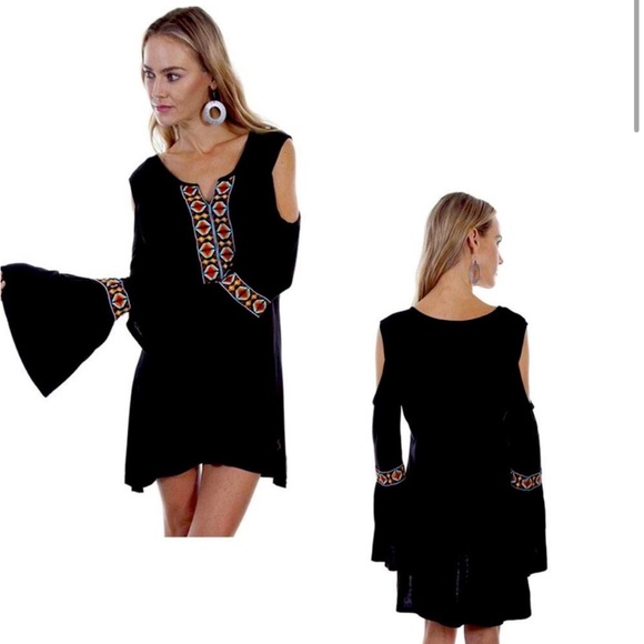 Scully cold shoulder dress Aztec embroidered design bell sleeves boho bohemian - Picture 1 of 8